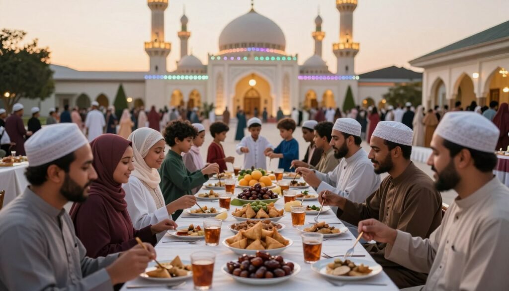 A lively community gathering during Ramadan in America, showcasing a diverse group of Muslims of varying ethnicities. In the foreground, families break their fast together at a long table adorned with traditional foods like dates, samosas, and fruit. The middle ground features children engaging in games and cultural activities, wearing modest clothing. In the background, a beautifully lit mosque stands with colorful lights, symbolizing the celebration. Soft golden hour lighting bathes the scene, creating a warm and inviting atmosphere. Capture the joy and sense of community with a slight depth of field to emphasize the food and interactions. The overall mood is cheerful, reflective of the spiritual and communal essence of Ramadan.