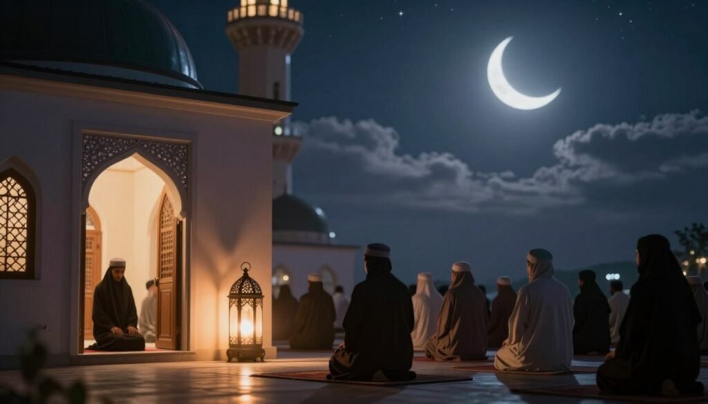 A serene night scene capturing the essence of Ramadan and its impact on faith. In the foreground, a soft-lit mosque with an open door invites worshippers inside, where silhouettes of individuals, modestly dressed in traditional attire, are seen engaged in prayer and reflection. The middle layer features a decorative lantern casting a gentle glow, symbolizing enlightenment and spirituality. In the background, a crescent moon shines brightly in a star-studded sky, surrounded by soft clouds. The ambiance exudes tranquility and devotion, with warm, inviting colors that suggest comfort and peace. Use soft focus to enhance the dreamlike quality of the scene, emphasizing the connection between the individual and their faith during this sacred time.