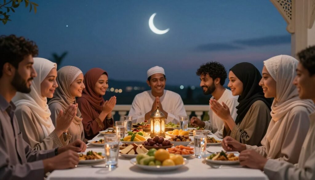 A serene scene depicting the psychological and social benefits of fasting during Ramadan. In the foreground, a diverse group of individuals in modest casual clothing are gathered, sharing a meal at an iftar table adorned with traditional dishes, fruits, and water. Their expressions radiate joy, connection, and gratitude. In the middle, softly glowing lanterns cast warm light over the scene, symbolizing community spirit. The background showcases a tranquil evening sky with crescent moon and stars, enhancing the peaceful atmosphere. The image is infused with soft, warm lighting to create an inviting, uplifting mood. Capture this moment from a slightly elevated angle to convey the sense of unity and harmony among the people, evoking an emotional resonance with the spirit of Ramadan.